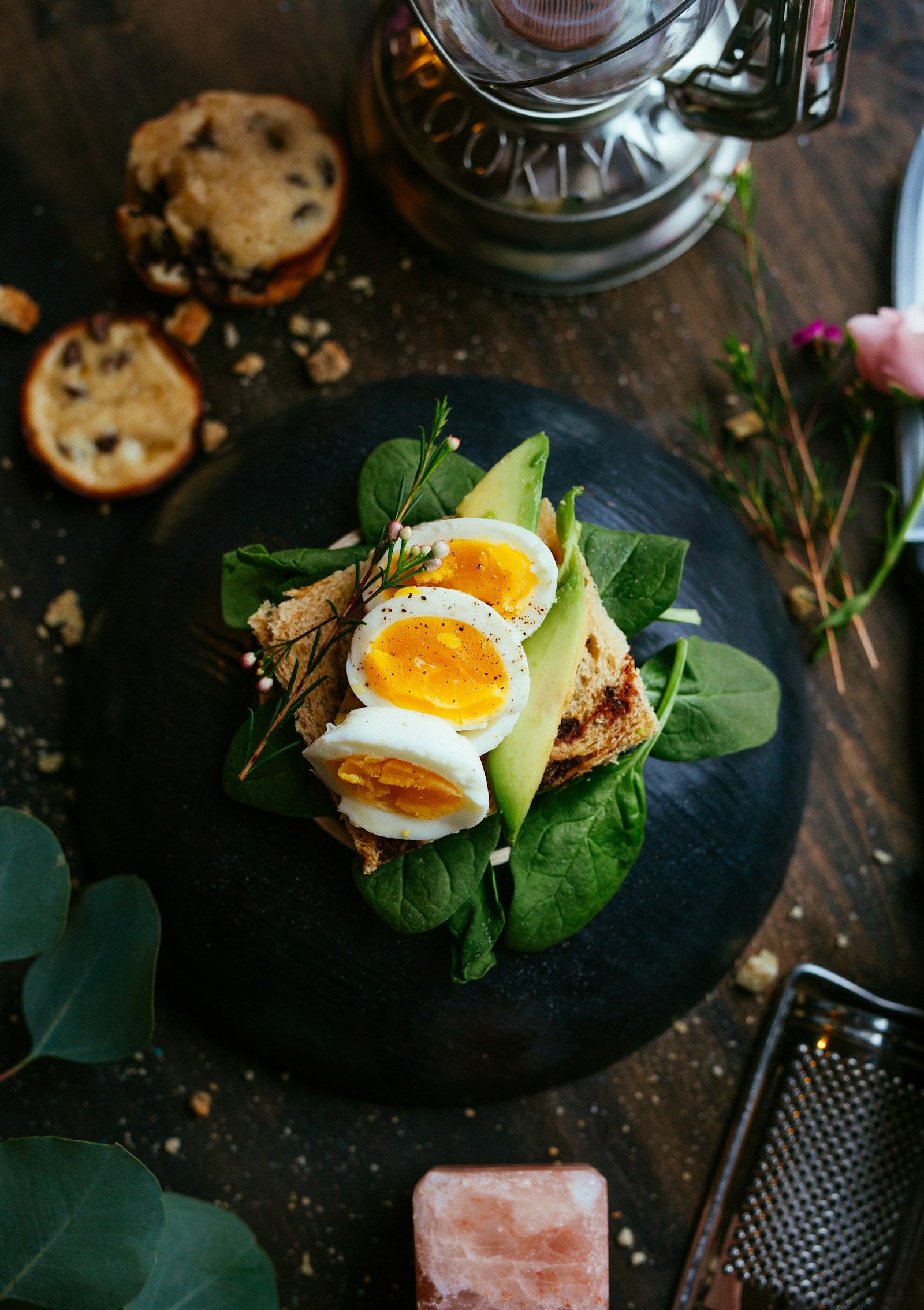 Crushed avocado on sourdough topped with poached eggs.